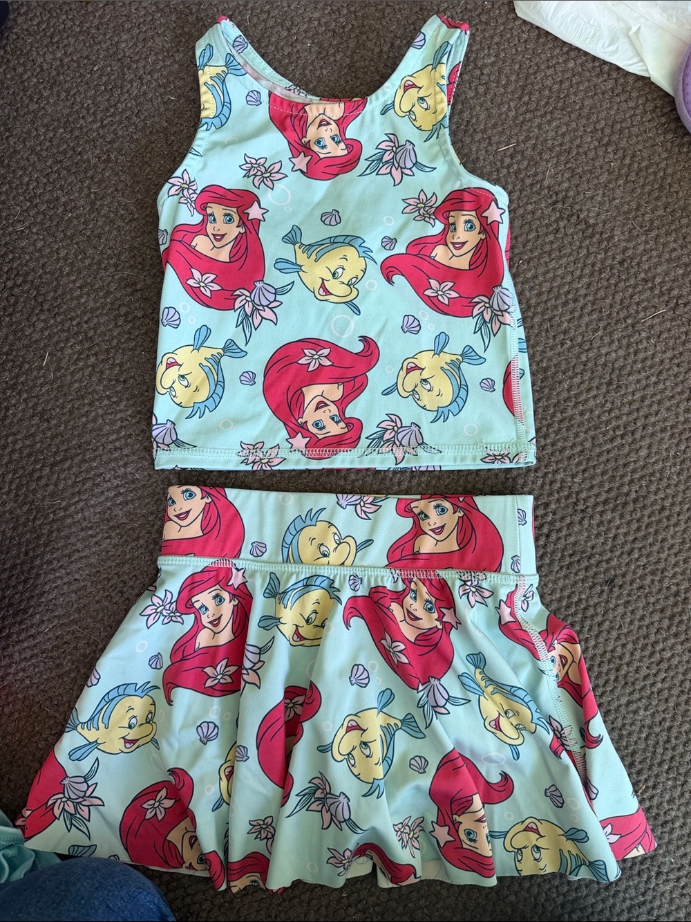 Disney Aqua Tank Top & Skirt Set with Pink Ariel and Yellow Flounder Prints